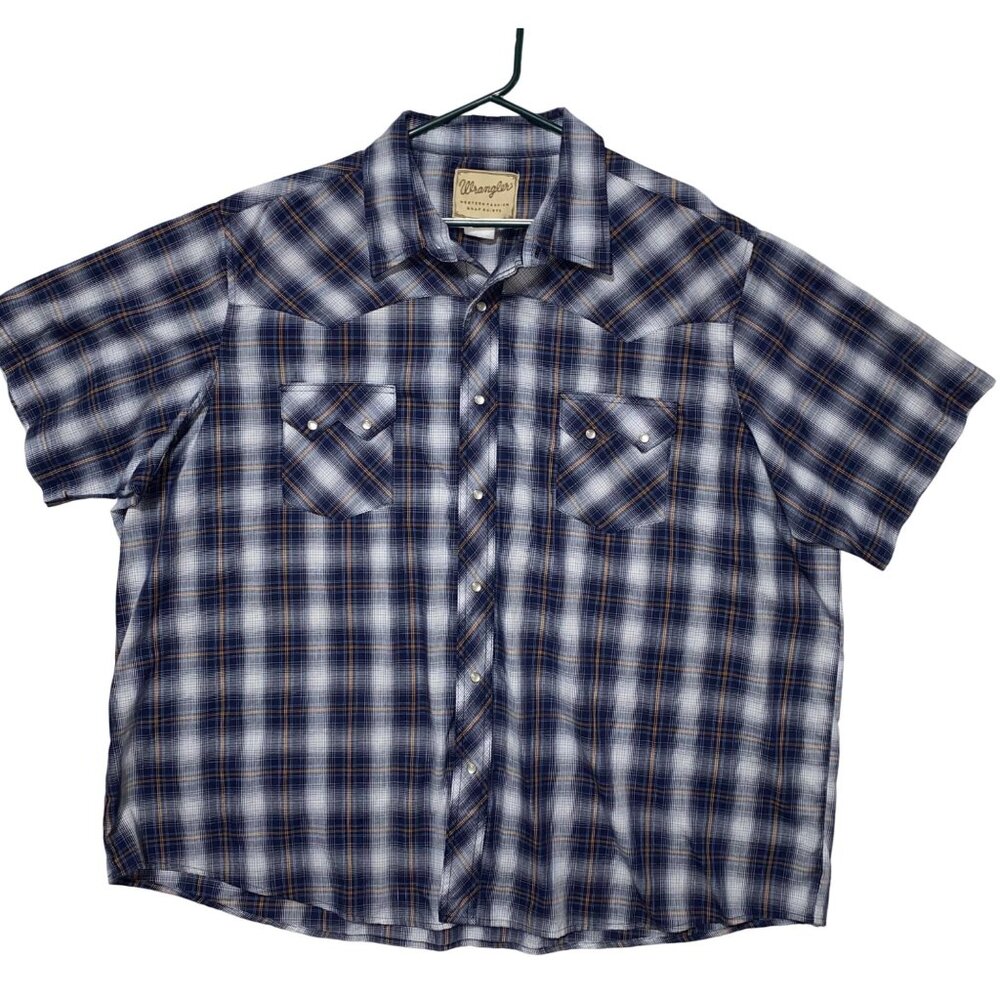 Wrangler Pearl Snap Shirt Men's 3XL Blue Plaid Short Sleeve Cowboy Rodeo Western